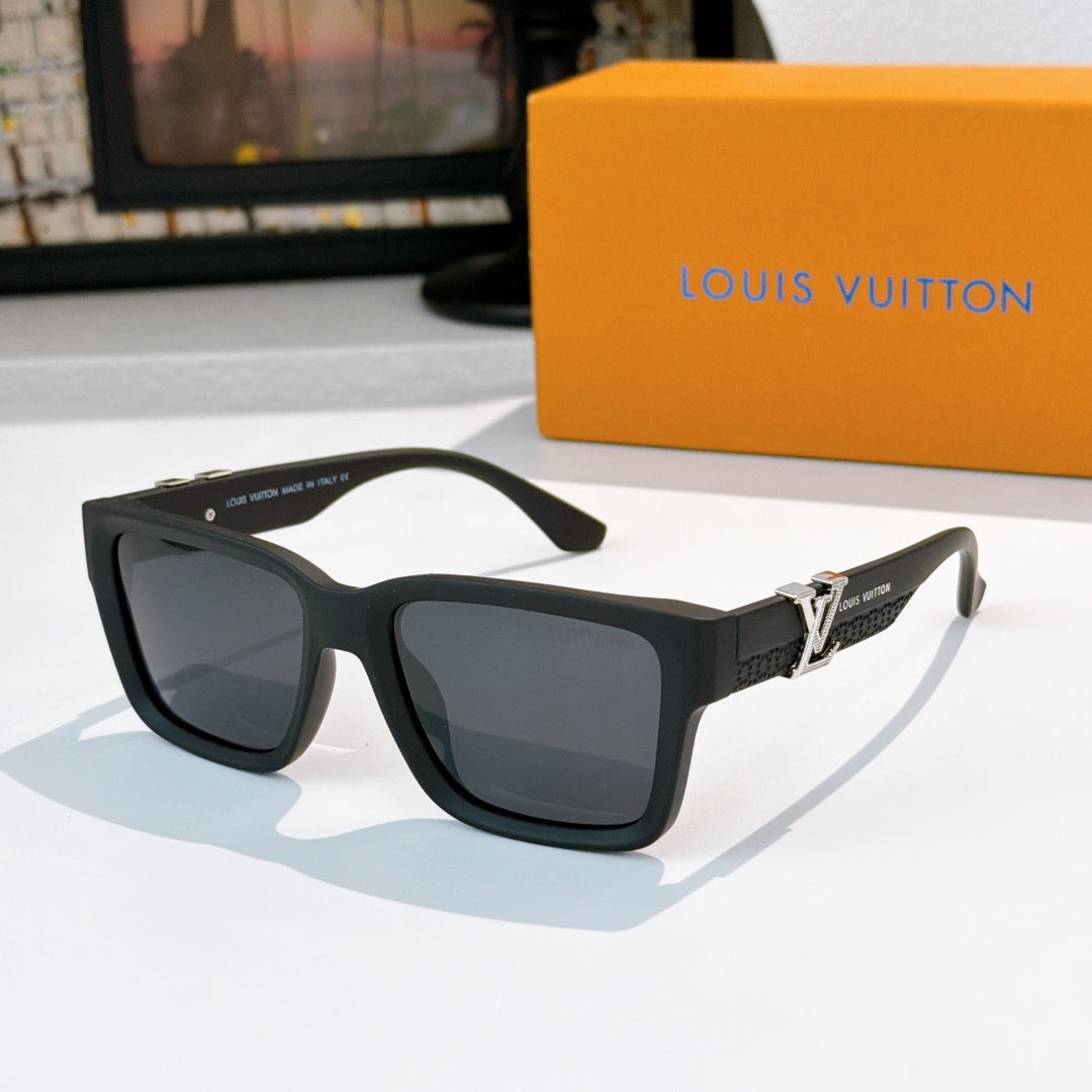 Louis Vuitton square sunglasses with black frames and dark lenses, angled front view