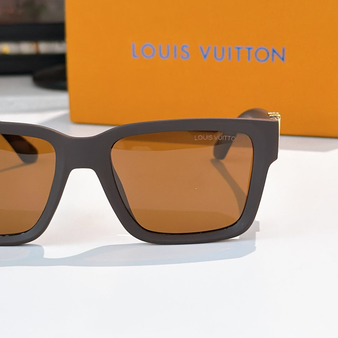 Louis Vuitton close-up square sunglasses with dark frame and amber lenses, logo detail