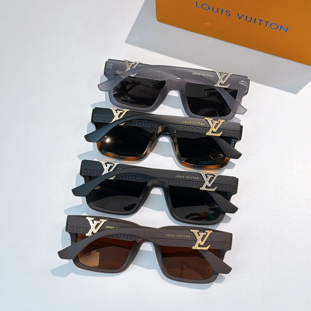 Set of Louis Vuitton sunglasses with black frames and mixed dark tinted lenses, stacked