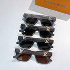 Set of Louis Vuitton sunglasses with black frames and mixed dark tinted lenses, stacked