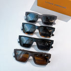 Set of Louis Vuitton sunglasses with blue and amber tinted lenses, mixed frames, stacked