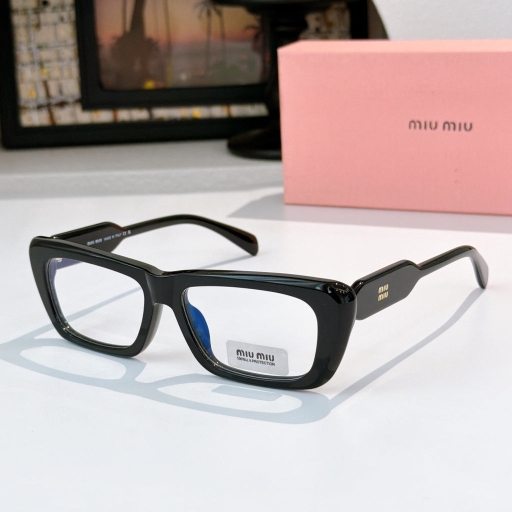 Black rectangular eyeglasses with blue-tinted lenses