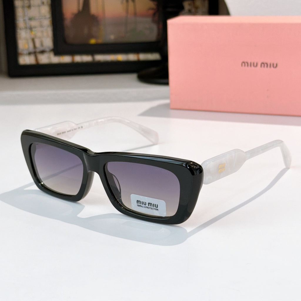 Black rectangular eyeglasses with purple-tinted lenses
