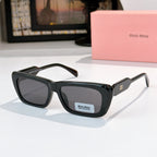 Blackish rectangular eyeglasses with dark lenses