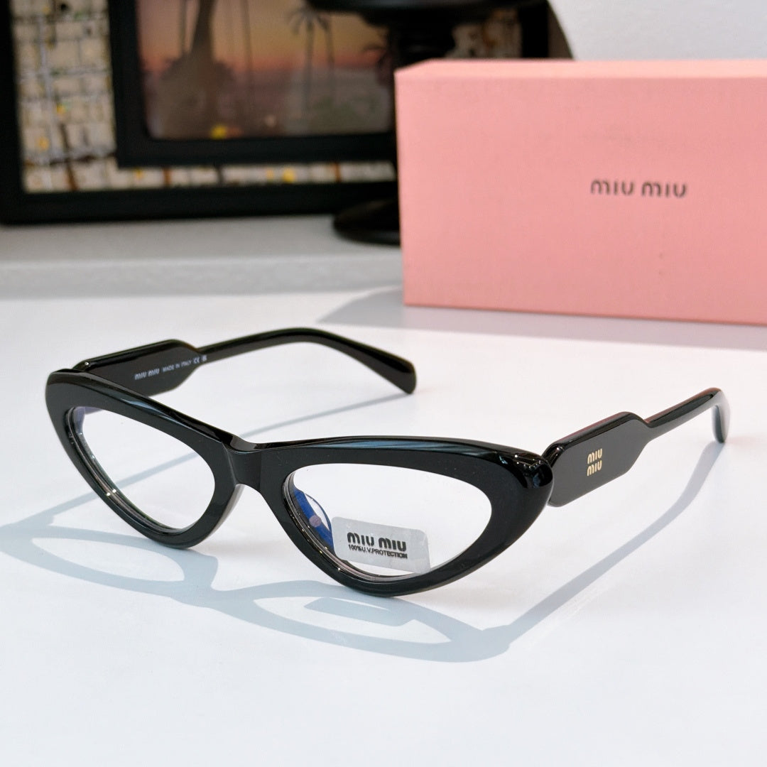 MiuMiu cat-eye glasses with black frame and dark lenses, close side view