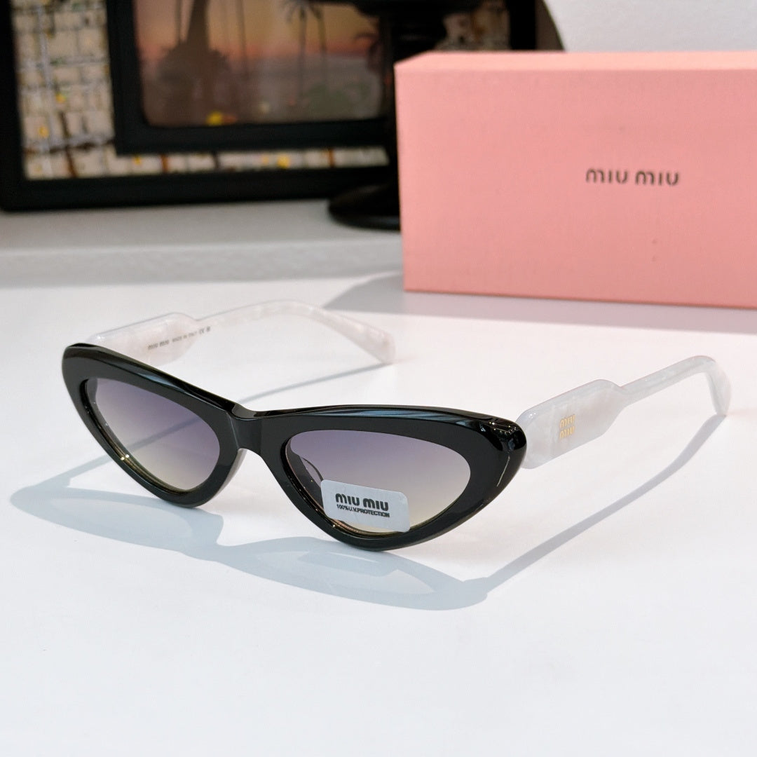 MiuMiu cat-eye glasses with black frame and dark lenses, side view