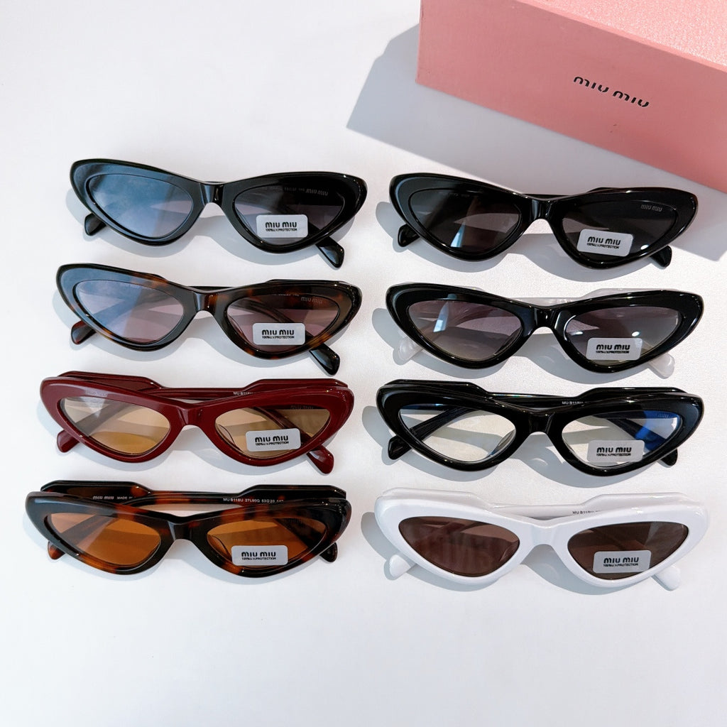 MiuMiu cat-eye glasses assortment with black, tortoise, red, and white frames