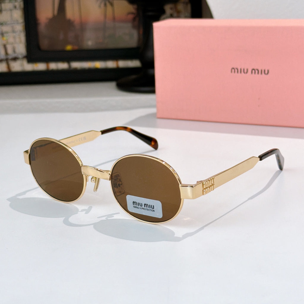Round sunglasses with gold-tone frame and brown tinted lenses