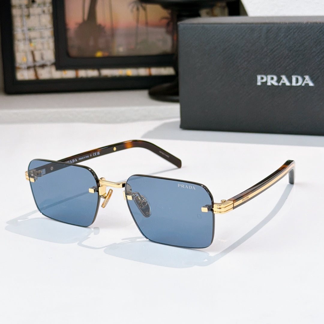 Square sunglasses with blue lenses and gold-tone frame