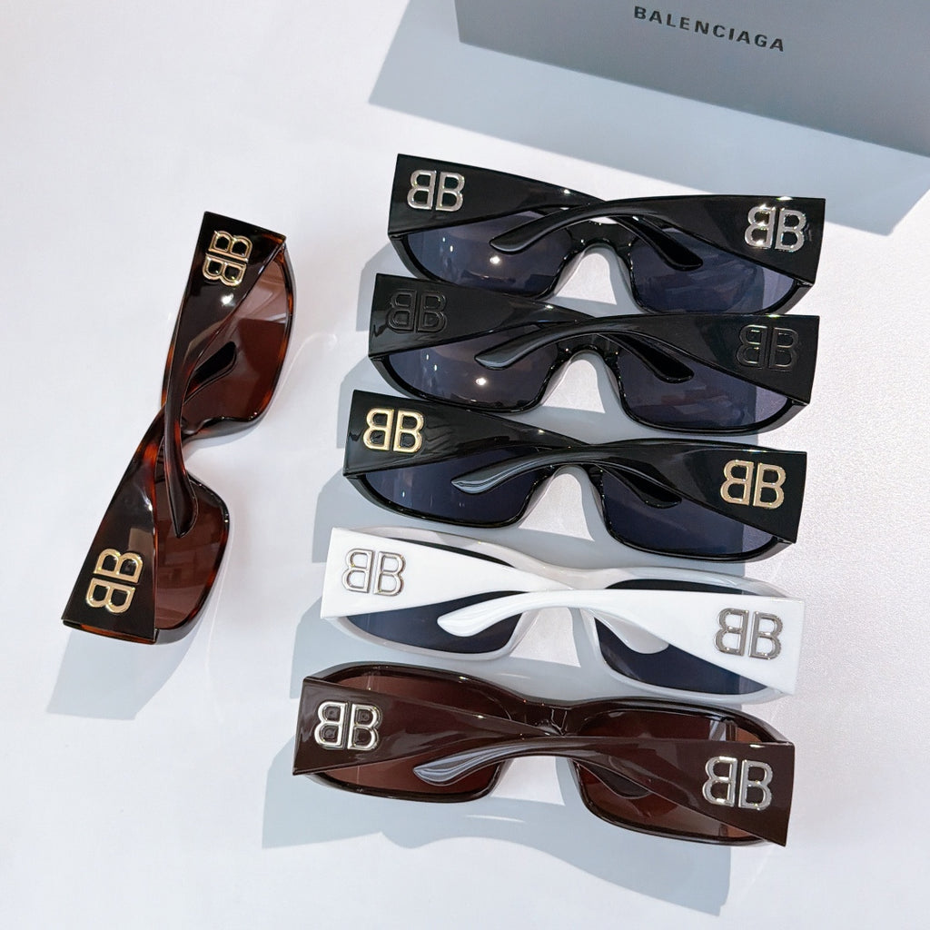 Balenciaga sunglasses set showing multiple frame colors with tinted lenses.