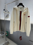 Cream Gucci hooded jacket open front, showing striped inner placket