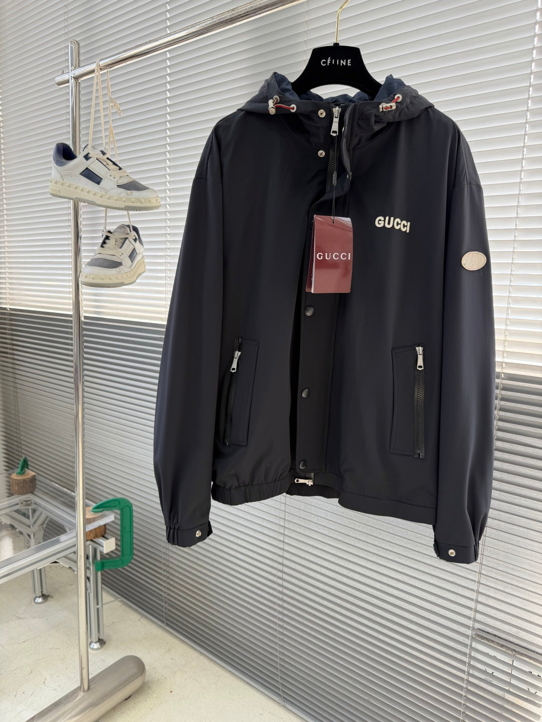 Gucci hooded jacket in dark navy, front zip and flap pockets