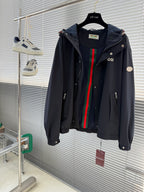 Gucci hooded jacket with colorful stripe lining, front zip and flap pockets