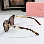 MiuMiu side-view sunglasses with tortoiseshell frames, brown lenses, and gold logo temple