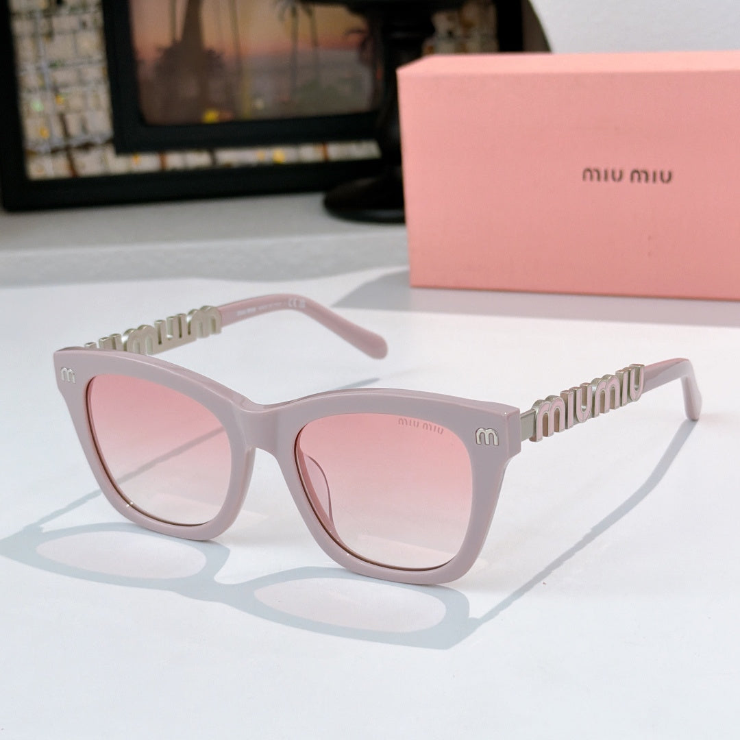 MiuMiu sunglasses with light pink frames, pink tinted lenses, and gold logo temple detail