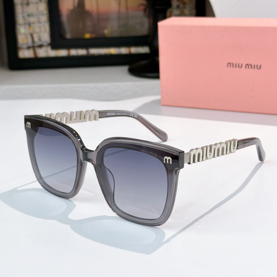MiuMiu sunglasses with dark gray frame and dark blue square lenses