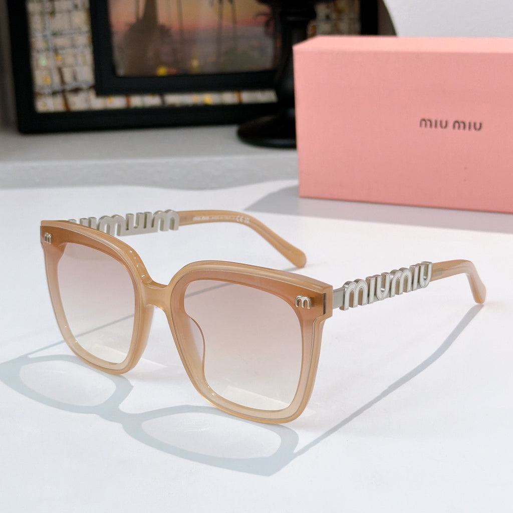 MiuMiu sunglasses with tan frame and light pink square lenses