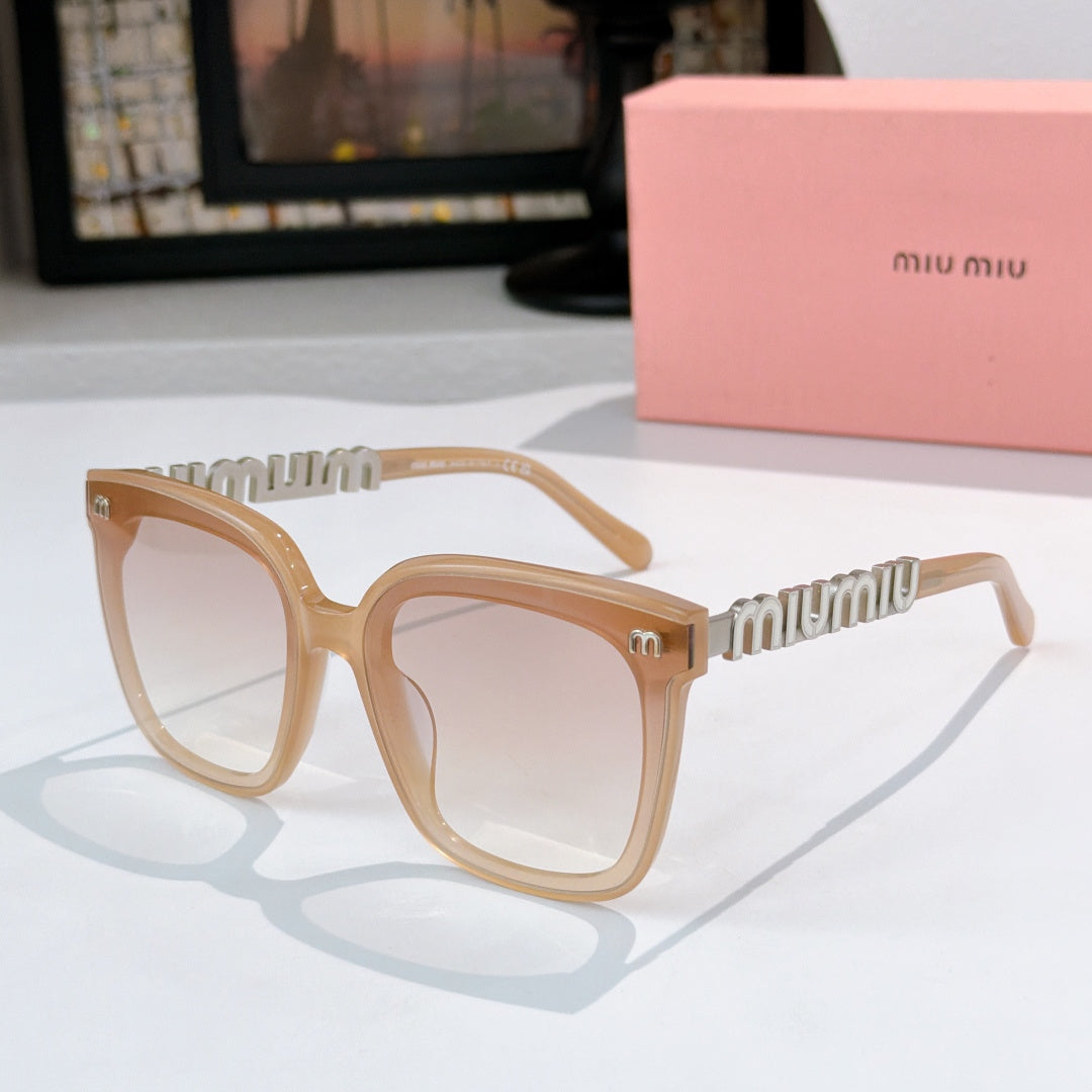 MiuMiu sunglasses with tan frame and light pink square lenses