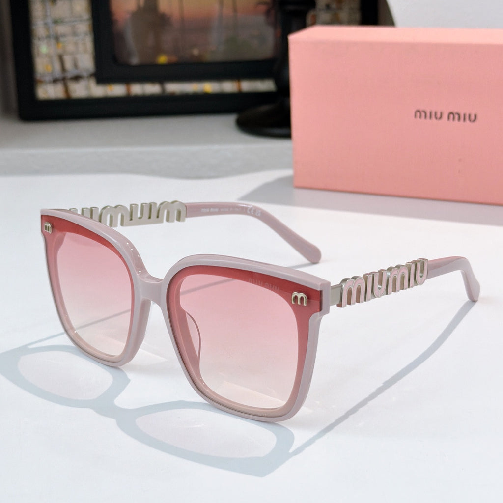 MiuMiu sunglasses with pink translucent frame and pink-tinted square lenses
