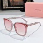 MiuMiu sunglasses with pink translucent frame and pink-tinted square lenses