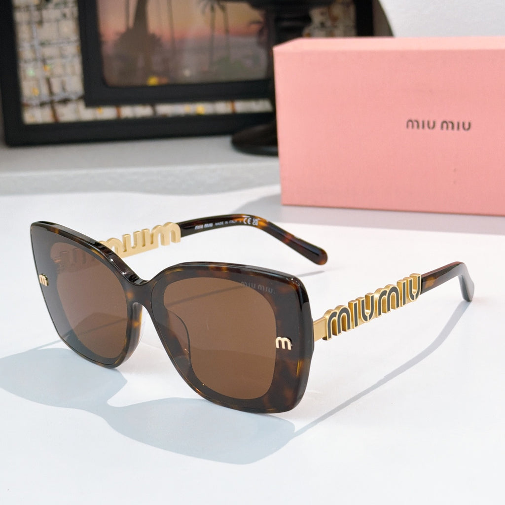Dark tortoiseshell square sunglasses with brown lenses and gold logo temple detail