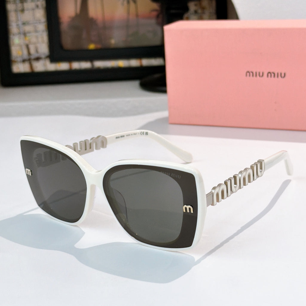 White square sunglasses with dark lenses and gold logo temple detail