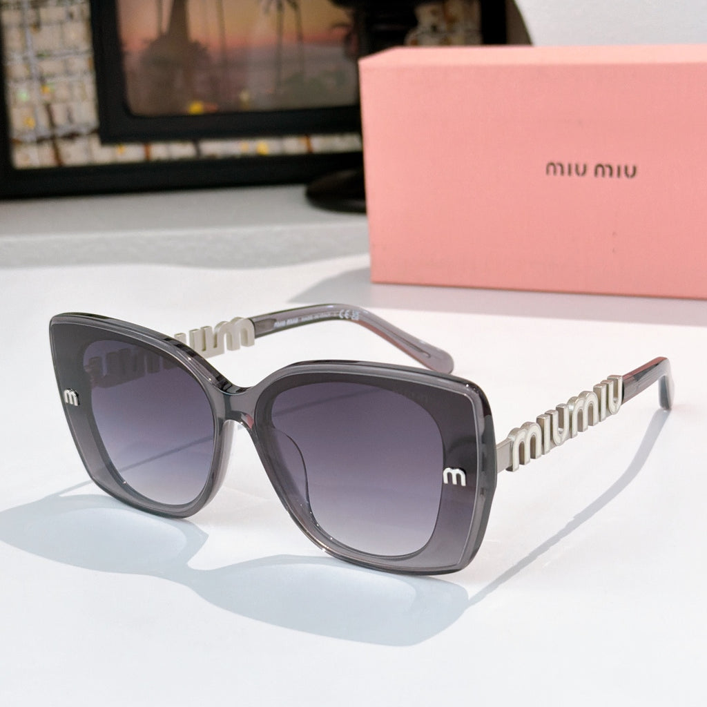 Gray square sunglasses with dark purple-tinted lenses and gold logo temple detail