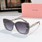 Gray square sunglasses with dark purple-tinted lenses and gold logo temple detail