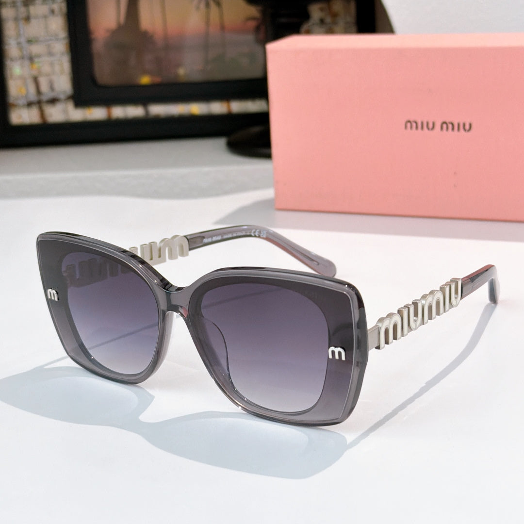 Gray square sunglasses with dark purple-tinted lenses and gold logo temple detail