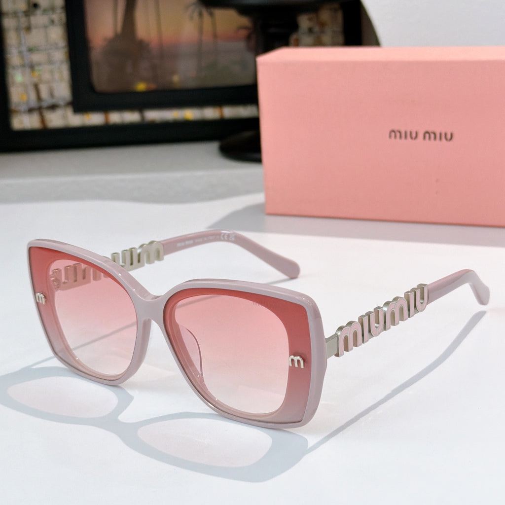 Light pink square sunglasses with rose-tinted lenses and gold logo temple detail
