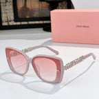 Light pink square sunglasses with rose-tinted lenses and gold logo temple detail