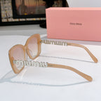 Tan square sunglasses with translucent lenses and gold logo temple detail, side view
