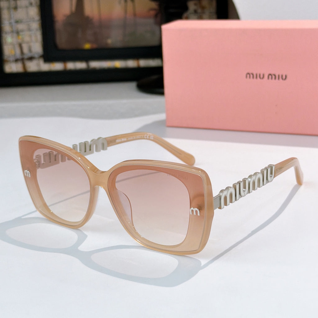 Light tan square sunglasses with pink-tinted lenses and gold logo temple detail