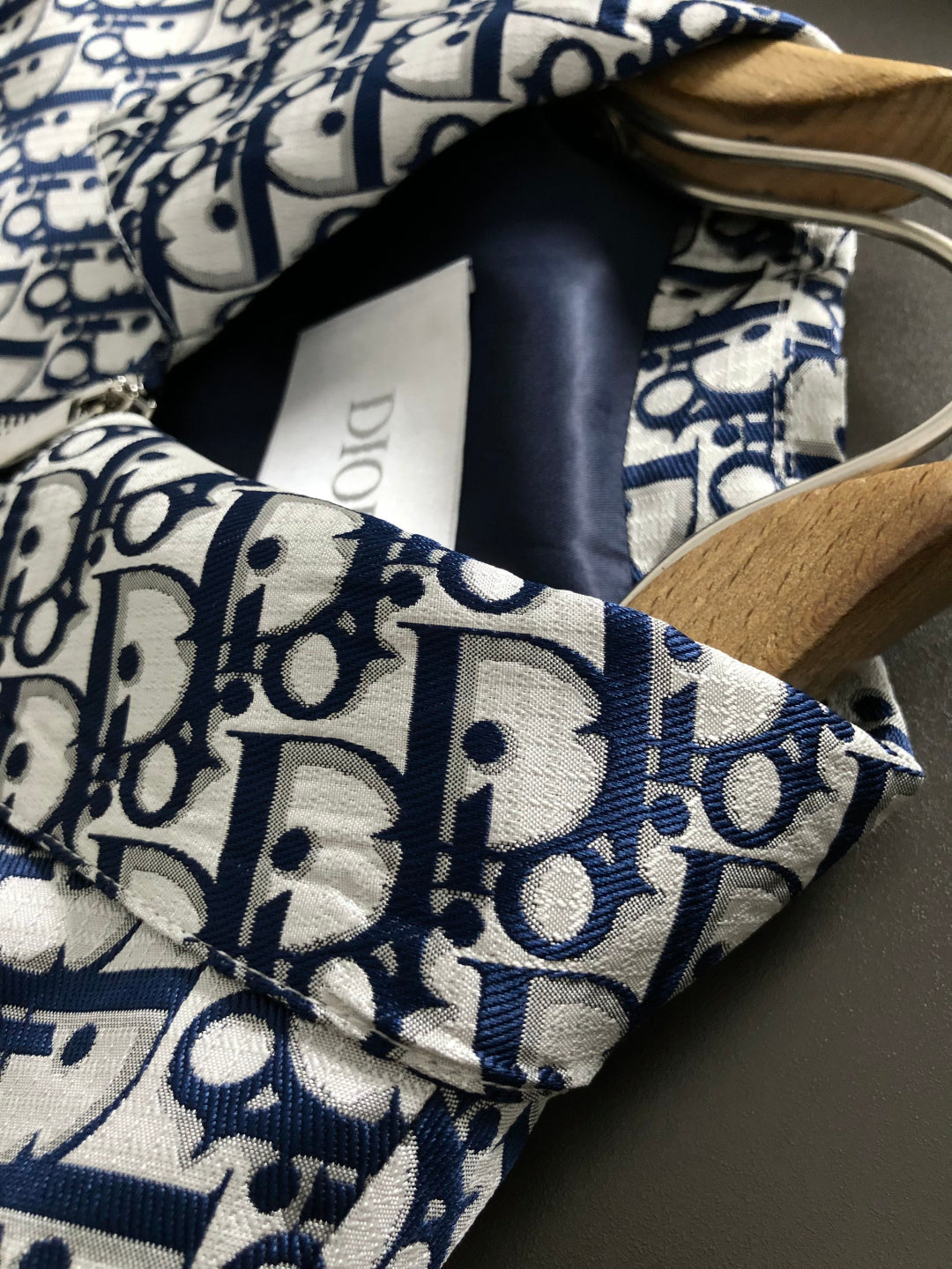 Dior logo long garment, blue-and-cream print with neckline opening