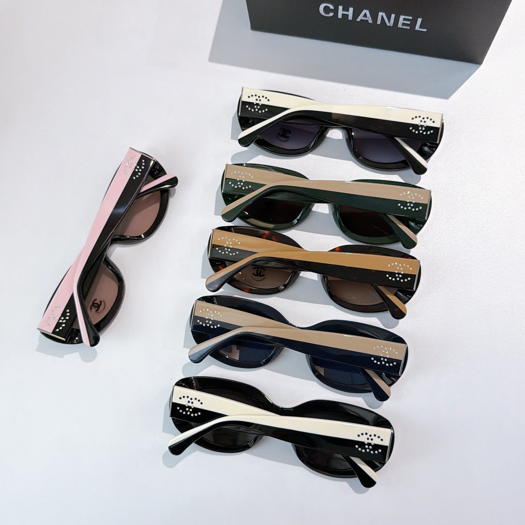 Set of five Chanel sunglasses in mixed colors with tinted lenses and studded temple details