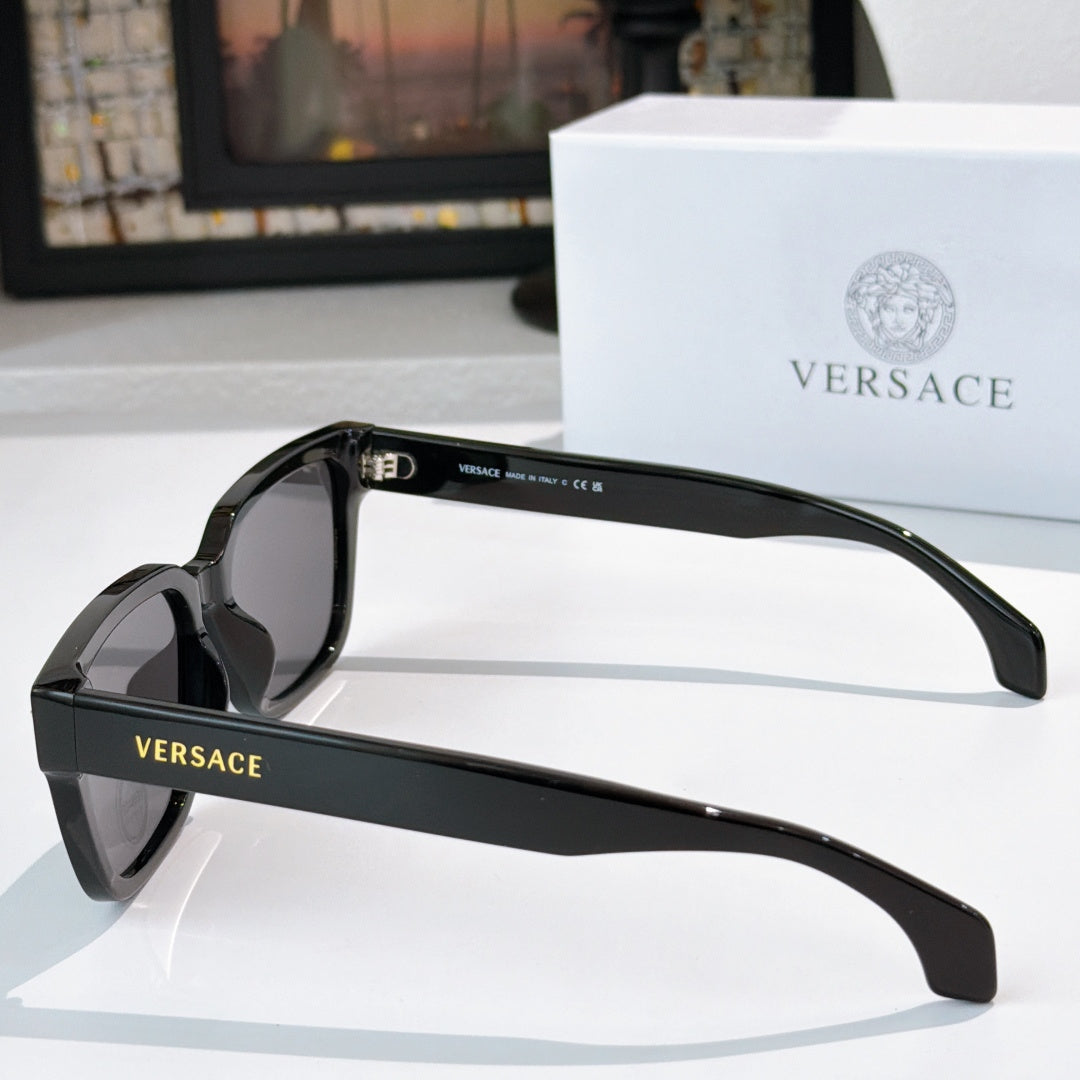 Black sunglasses, side profile view with dark lenses and branding on temple