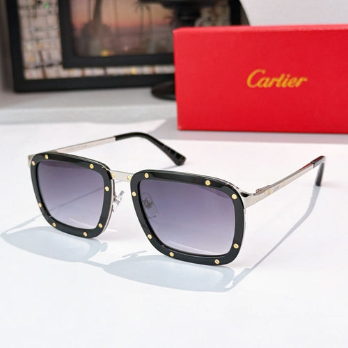 Black sunglasses with dark purple lenses, rectangular frames with gold accents.