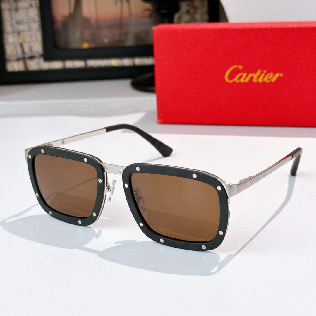 Black-and-silver sunglasses with brown lenses, rectangular frames and metal hinge.