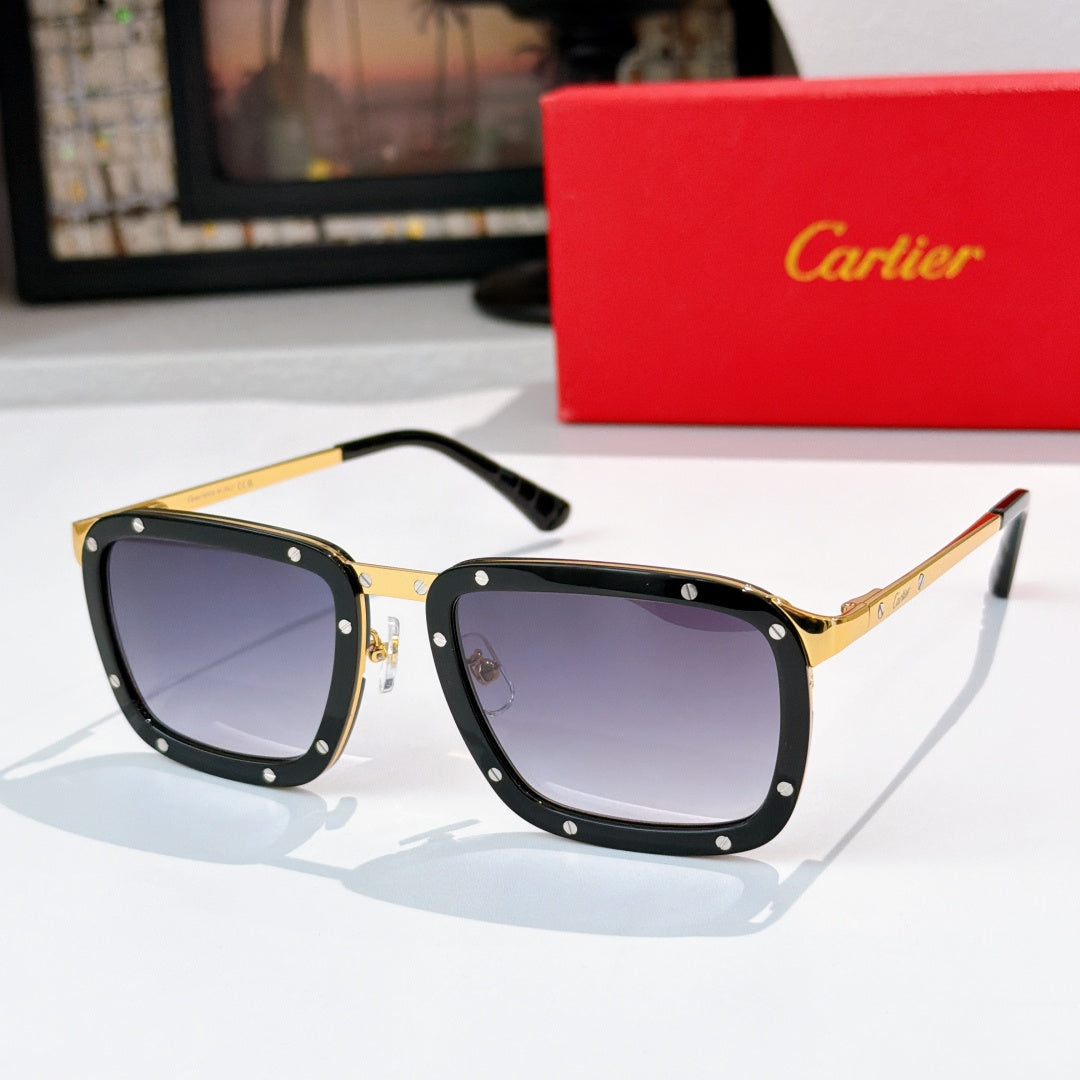 Gold-and-black sunglasses with dark gray lenses, rectangular frames with rivet studs.