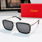 Black-and-silver sunglasses with dark lenses, angular rectangular frames.