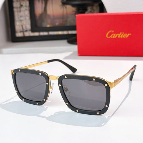 Black-and-gold sunglasses with dark gray rectangular lenses and stud detailing.