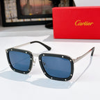 Silver-and-black sunglasses with blue lenses, rectangular frames and side arms.