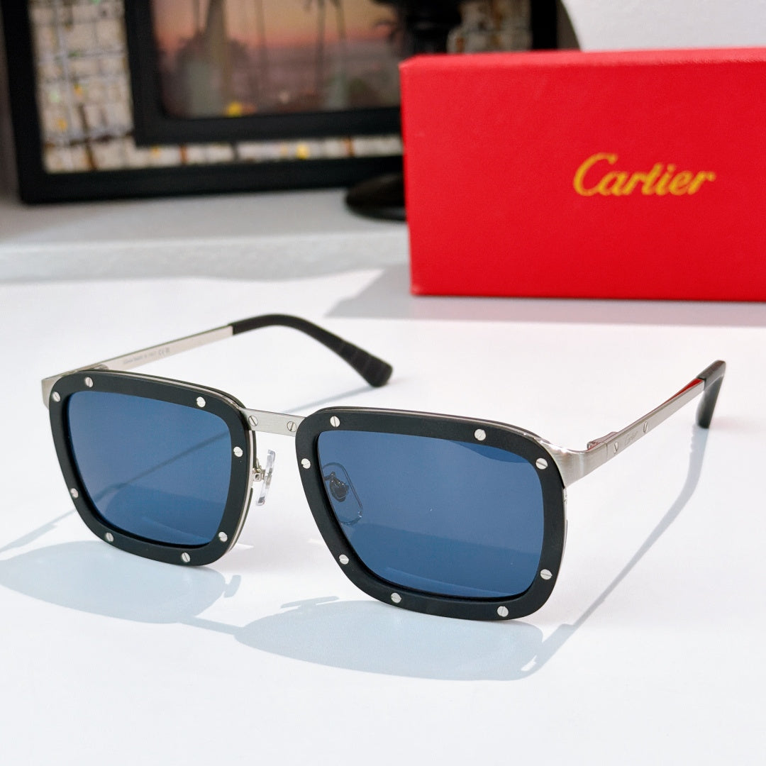 Silver-and-black sunglasses with blue lenses, rectangular frames and side arms.