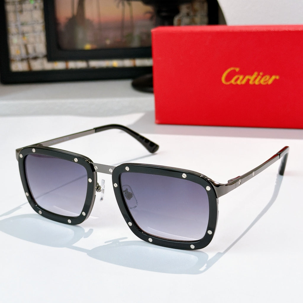 Black sunglasses with dark lenses, rectangular frames and metal bridge detail.