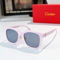 Pink cat-eye sunglasses with dark blue lenses