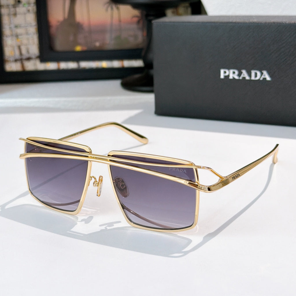 Gold metal sunglasses with purple tinted rectangular lenses
