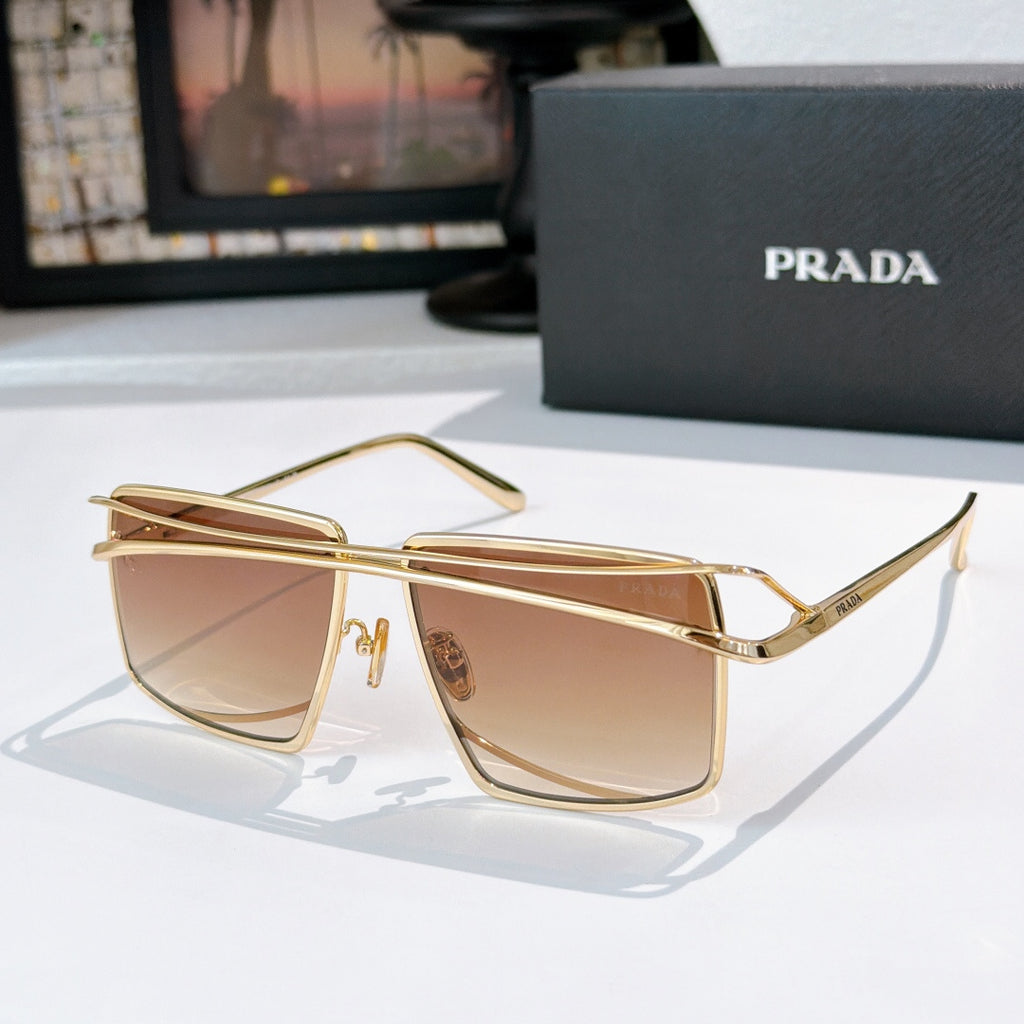 Gold metal sunglasses with warm beige tinted rectangular lenses