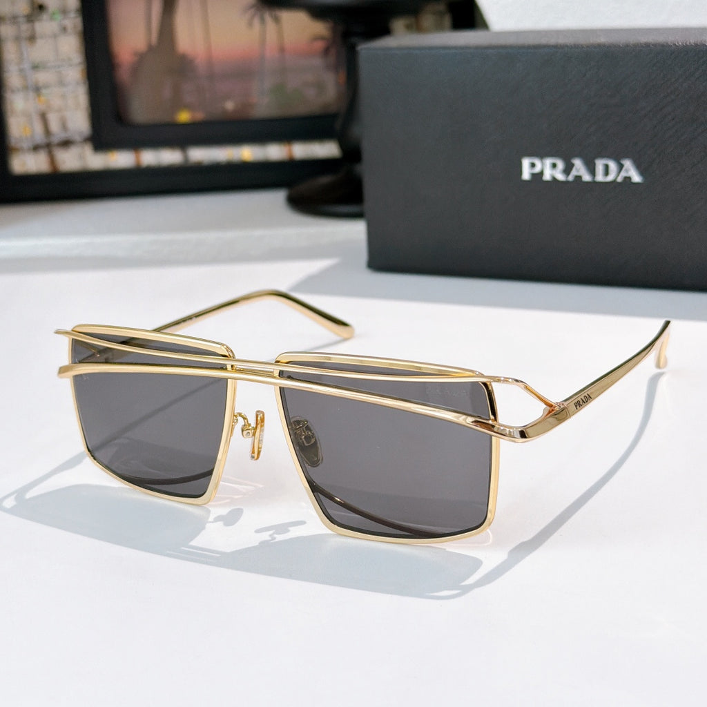 Gold metal sunglasses with dark gray tinted rectangular lenses