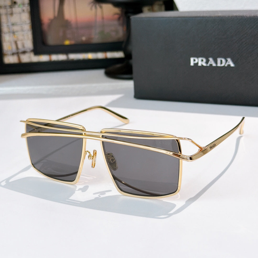 Gold metal sunglasses with dark gray tinted rectangular lenses