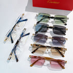 Assorted rectangular eyeglasses with tinted lenses in blue, green, black, and pink